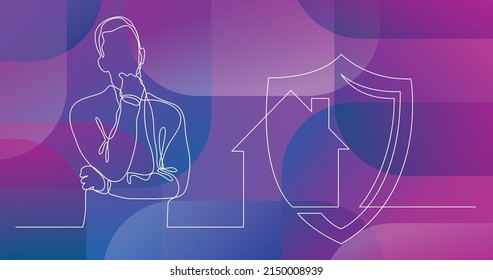 man thinking about home security - continuous line drawing
