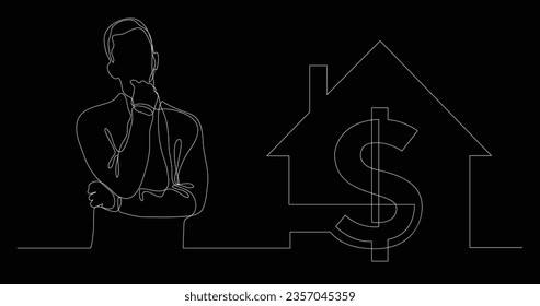 man thinking about home value - continuous line drawing