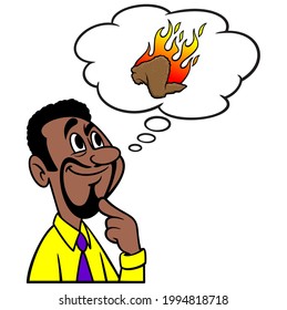 Hombre pensando en Alas calientes - Una caricatura ilustrativa de un hombre que piensa en tener Alas calientes para la cena.