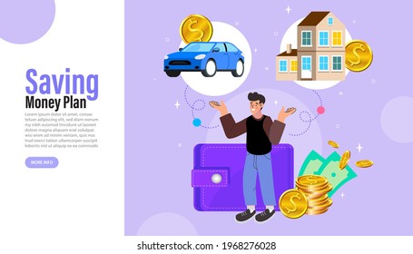 man thinking about house and car. Daydreaming, future financial plan concept. young man smiling happy profit growth. vector illustration