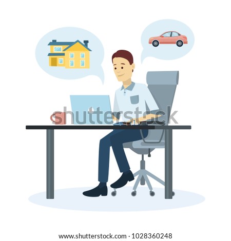 Man thinking about house and car. Buying or selling.
