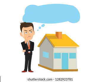 man thinking about a house, home real estate business with speech thought bubble
