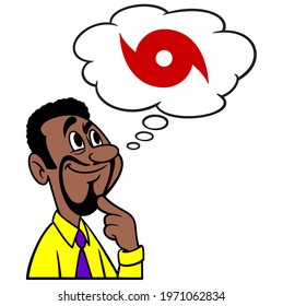 Man thinking about Hurricane Preparedness - A cartoon illustration of a man thinking about getting ready for Hurricane Season.