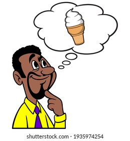 Man thinking about an Ice Cream Cone - A cartoon illustration of a man thinking about an Ice Cream Cone.