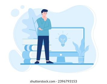 man thinking about ideas with cartoon light bulb on computer screen trending concept flat illustration