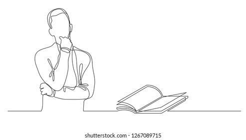 man thinking about interesting book - continuous line drawing