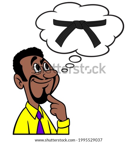 Man thinking about Karate - A cartoon illustration of a man thinking about getting his black belt in Karate.