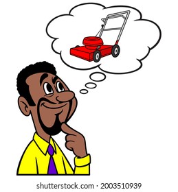 Man thinking about a Lawn Mower - A cartoon illustration of a man thinking about getting a new Lawn Mower.