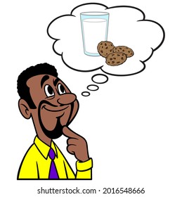 Hombre pensando en la leche y las galletas - Una caricatura ilustrativa de un hombre que piensa en la leche y las galletas.