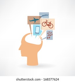 man thinking about mobile, mustache, airplane, music and bike icon