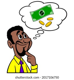 Man thinking about Money - A cartoon illustration of a man thinking about investing his Money.