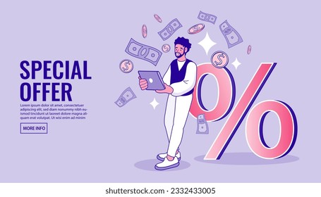 Man thinking about mortgage interest rate. Percent, good interest rate percentage, Loan lending of money from bank, personal loans. Shop Discount. shop online. Vector illustration for web banner.