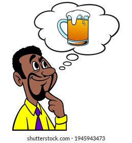 Der Mensch denkt an einen Bier - eine Cartoon-Illustration eines Mannes, der an einen frostigen Bier-Schlamm denkt.