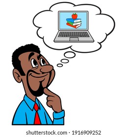 Man thinking about Online School - A cartoon illustration of a man thinking about Online School.
