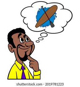 Man thinking about Paddle Boarding - A cartoon illustration of a man thinking about Paddle Boarding on Vacation.