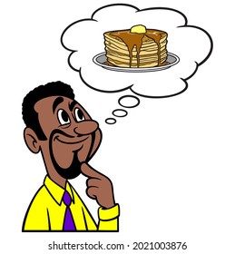 Hombre pensando en los crepes para el desayuno - Una caricatura ilustrativa de un hombre que piensa en comer crepes para el desayuno. 