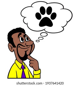 Man thinking about a Pet - A cartoon illustration of a man thinking about getting a new Pet.