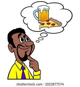 Hombre pensando en Pizza y Cerveza - Dibujo de un hombre pensando en comer pizza y cerveza.