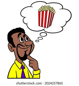 Man thinking about Popcorn - A cartoon illustration of a man thinking about a box of movie Popcorn.