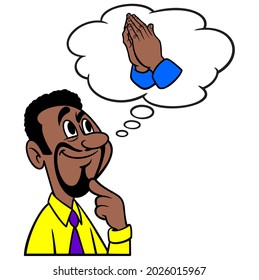 Man thinking about Praying - A cartoon illustration of a man thinking about Praying in church.