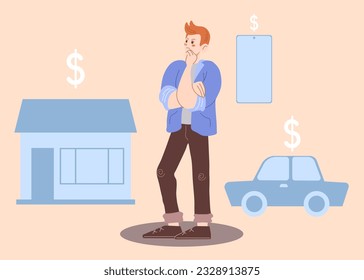 Hombre pensando en los precios de los bienes raíces, el auto, el teléfono, el bien. El hombre no puede permitirse comprar cosas. Alto costo de vida. Problemas financieros. Ilustración vectorial al estilo de las caricaturas.