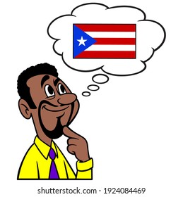 Man thinking about Puerto Rico - A cartoon illustration of a man thinking about Puerto Rico.