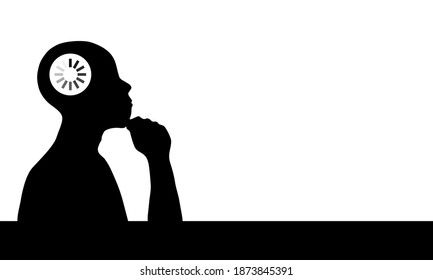 A man is thinking about something concentrated. Silhouette drawing in black and white style. There’s a copy space for your text.