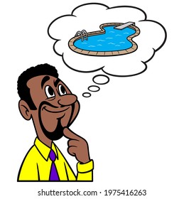 Man thinking about a Swimming Pool - A cartoon illustration of a man thinking about a Swimming Pool.