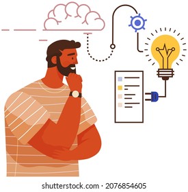 Man thinking about technical equipment, wires, light bulb. Different mental mindset types. Guy with logical thinking. Mind behaviour, mental perceiving, psychology, creation of solutions concept