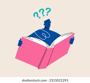 Man thinking about that he reading in the book and has a questions. Colorful vector illustration
