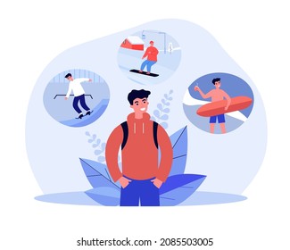 Man thinking about travel vacation and sport experiences. Persons dream or memory in bubbles flat vector illustration. Achievement, youth concept for banner, website design or landing web page