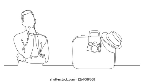 hombre pensando en el viaje de vacaciones - dibujo de línea continua