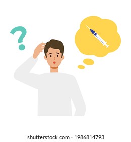 El hombre está pensando en la vacunación. Concepto para la vacunación con coronavirus. Ilustración plana vectorial.