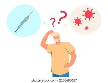 Man thinking about vaccination and coronavirus. Frustrated man making choice flat vector illustration. Medicine, prevention, protection concept for banner, website design or landing web page