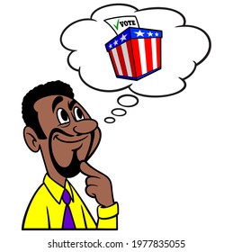 Man thinking about Voting - A cartoon illustration of a man thinking about Voting.