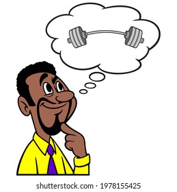 Man thinking about Weight Training - A cartoon illustration of a man thinking about Weight Training.