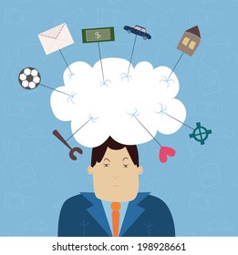 The man thinking about work, family, house, mails, money; car; football and other things. 
