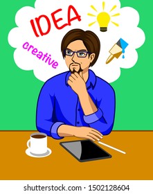 A man thinking of art ideas at his desk. That includes tablets and coffee mugs.