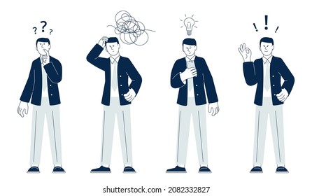 Man thinking character. Student confused, finding solution process. Satisfied think male, thoughtful person doubt. Find decision recent vector concept