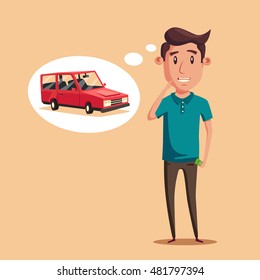 Man thinking of choice. Money for spending. Vectro cartoon illustration. Character design. Cute person. Good idea.