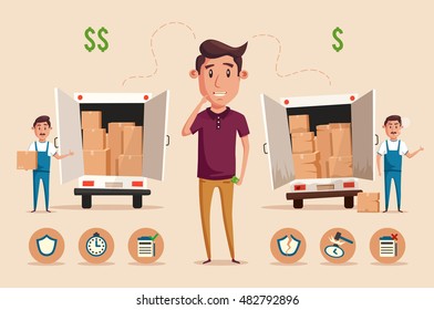 Man Thinking Of Choice. Money For Spending. Vectro Cartoon Illustration. Character Design. Cute Person. Good Idea. Transport Company. Relocation. Move. Boxes With Things