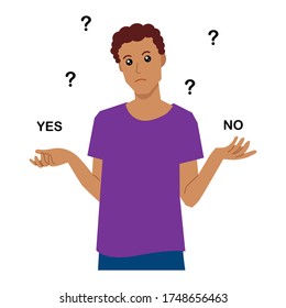 Man Thinking Of Choices. Yes Or No.  Vector Flat Illustration. Character Design