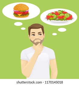 Man thinking choosing between salad and hamburger, healthy and junk food. Diet vector illustration