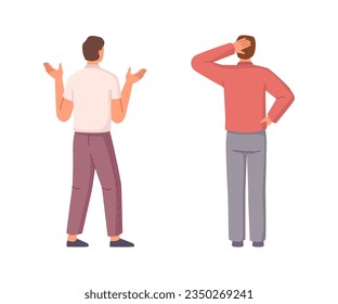 Man thinking and choosing way, character man in different actions, back view. Businessman thinks, searches, doubts and choose right path . Financial difficulties. Vector illustration in cartoon style