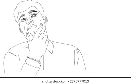 Man Thinking - Continuous Line Drawing Cartoon Illustration in Vector, Thinking Man Cartoon Illustration - Hand Drawn Style Vector Design 