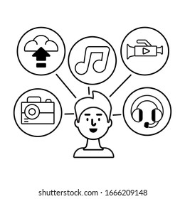 pensamiento del hombre sobre las ideas de los negocios digitales sobre el diseño de ilustraciones vectoriales de fondo blanco