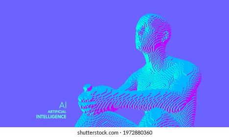 Man is thinking. Digital technology background. Voxel art. 3D vector illustration for presentation, social media or print purpose. 