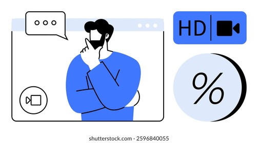 Man thinking during a video call. Video chat window with HD icon and percentage symbol. Ideal for remote work, communication, brainstorming sessions, technology, webinars, online learning, virtual