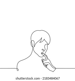 man thinking with finger on lower lip - one line drawing vector. male portrait. concept confused, surprised, curious