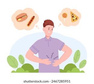 Man thinking food. Hungry guy with ill stomach think nutritional tasty meal comparison, eat hamburger in thoughts bubbles unhealthy nutrition hunger concept vector illustration of problem with stomach